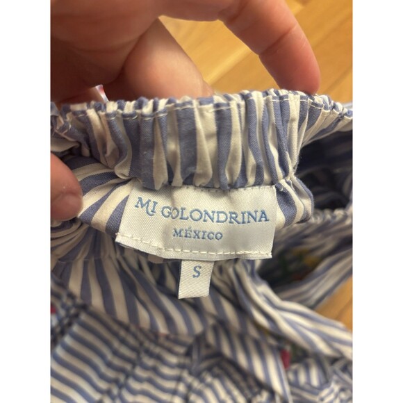 Mi Golondrina Mia Striped Tank Top Blouse Tiered Ruffle Embroidered Floral S - Picture 9 of 9